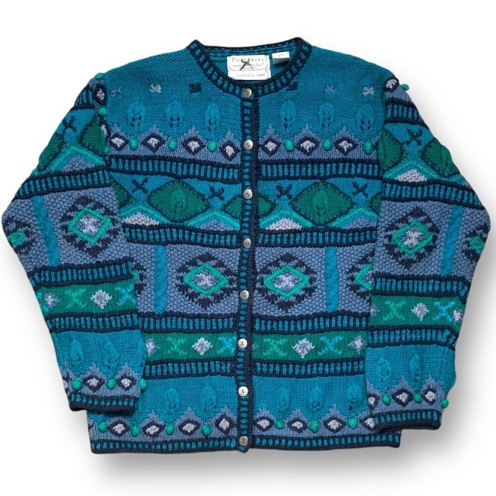 Vintage 90s Hand Knit Geometric Abstract Cardigan Blue Boho Artsy Maximalist